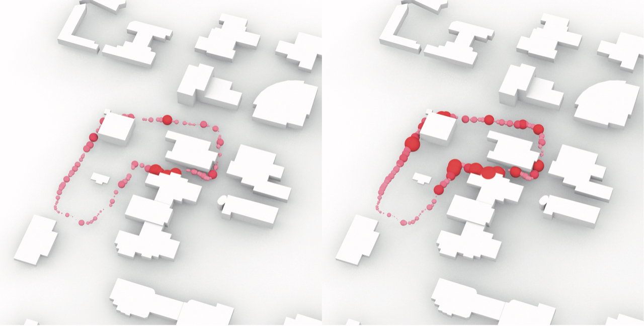 A visualisation of a participant’s stress levels on an urban walk,collected via a wearable physiological sensor, with normal eyesight(left), and using a blindfold (right).