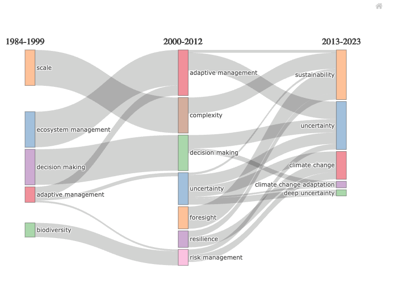 Figure: Thematic evolution of topics found in adaptive planning corpus.